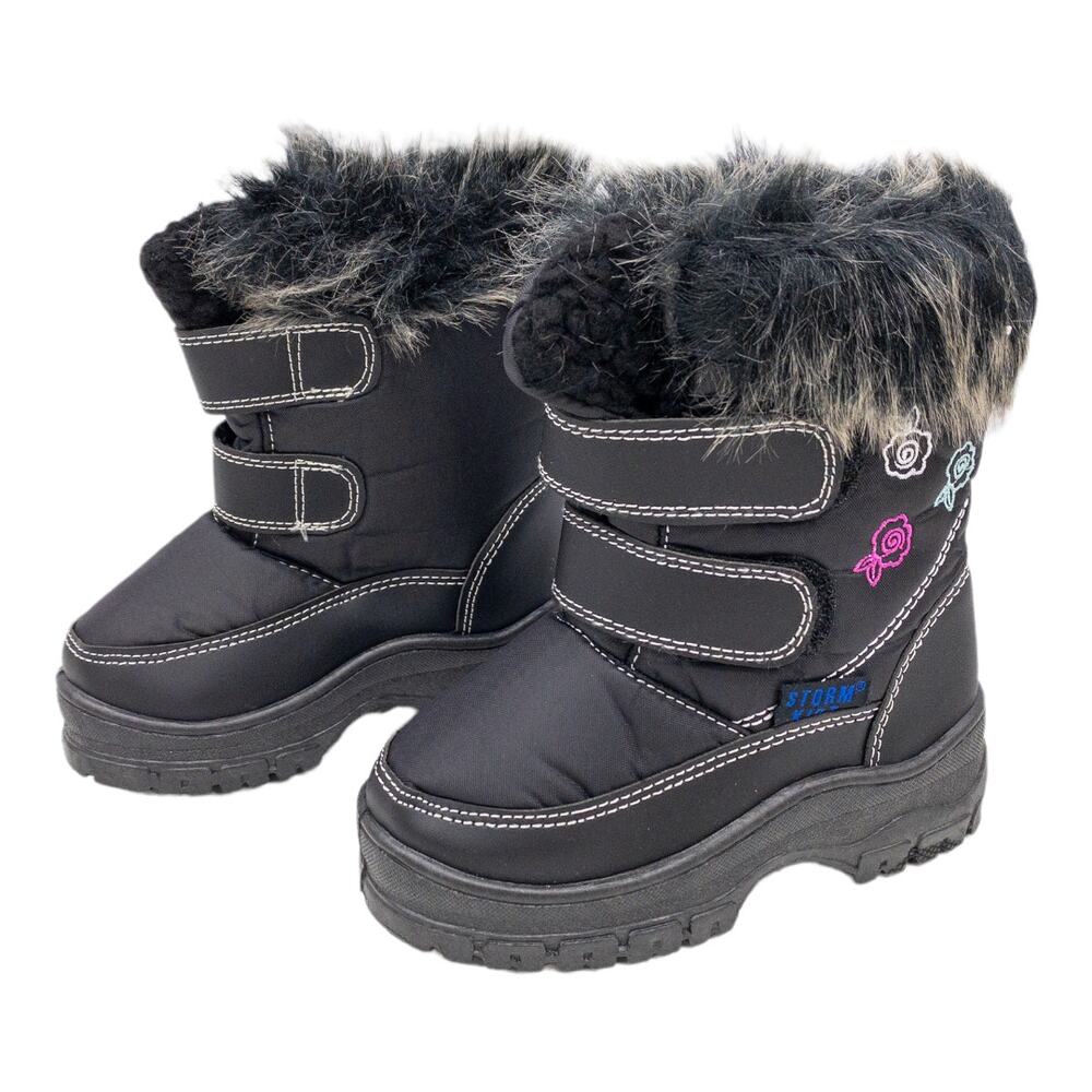 Storm Kidz Black Faux Fur Collar Hook Loop Closure Snow Boots Toddler 7